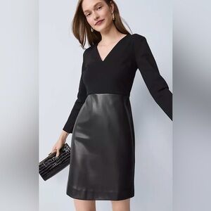 Ann Taylor Faux Leather Black V-Neck Sheath Dress Size 8 NWT